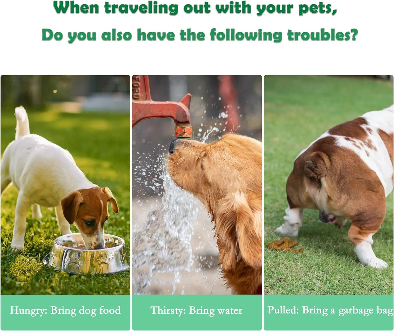 Green 3-in-1 portable pet water bottle with food container and strap, showing rotary switch and bowl.