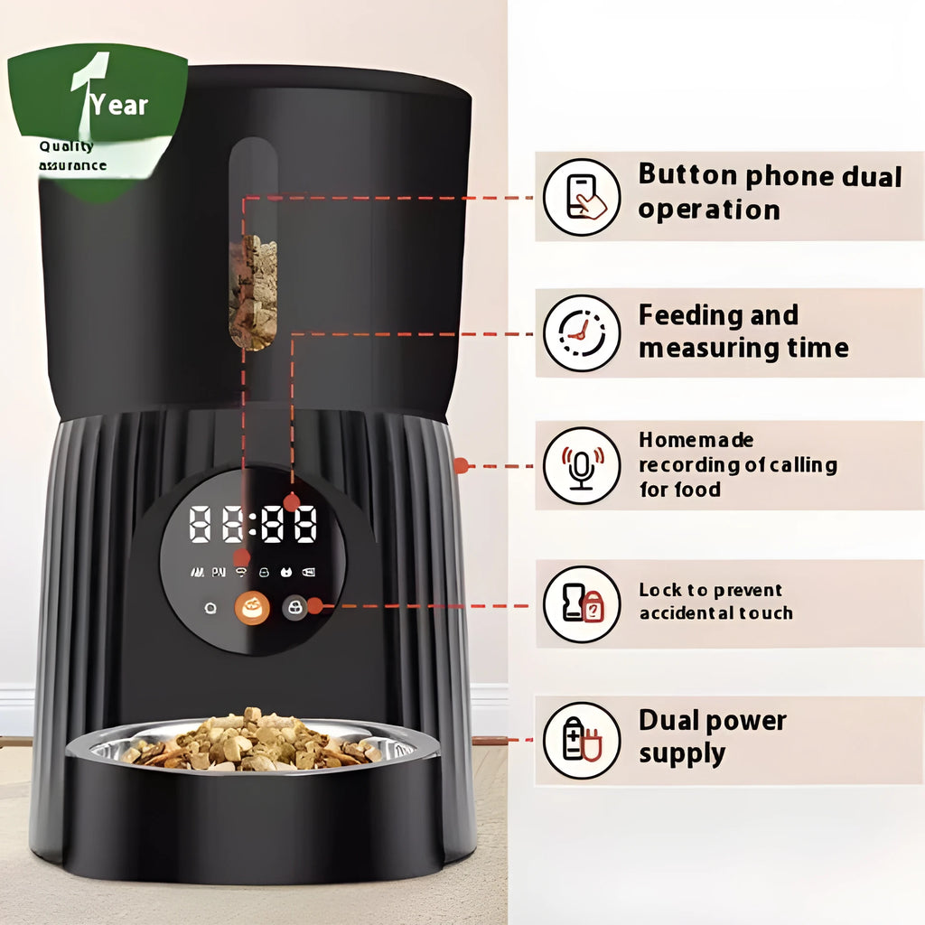Black and white automatic pet feeder with digital timer display and USB cable