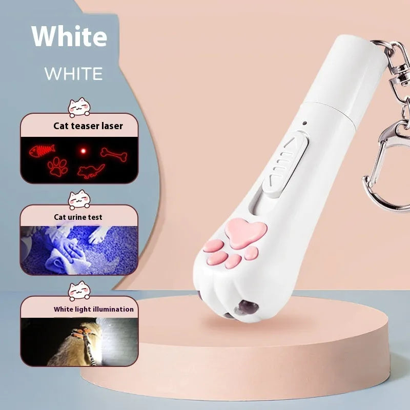 USB rechargeable cat pen light toy in cream white, pink, or blue with light-up feature