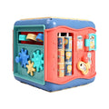 Six-sided educational cube toy with multiple activity panels including bead maze and shape puzzles