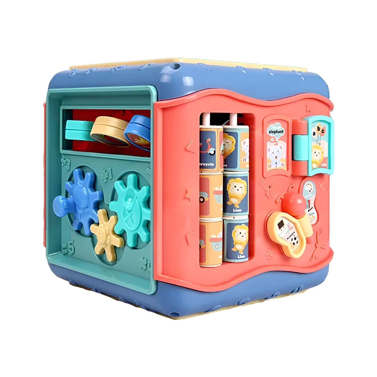 Six-sided educational cube toy with multiple activity panels including bead maze and shape puzzles