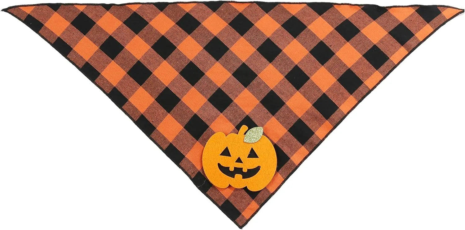 Orange plaid Halloween dog bandana with white skeleton and orange pumpkin felt appliques
