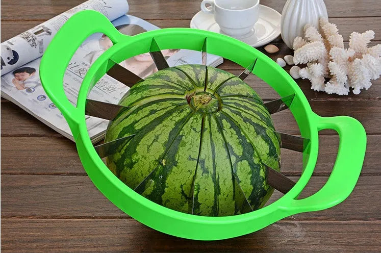 Multi-function fruit slicer cutting watermelon into 12 uniform slices with stainless steel blade and green PP plastic frame