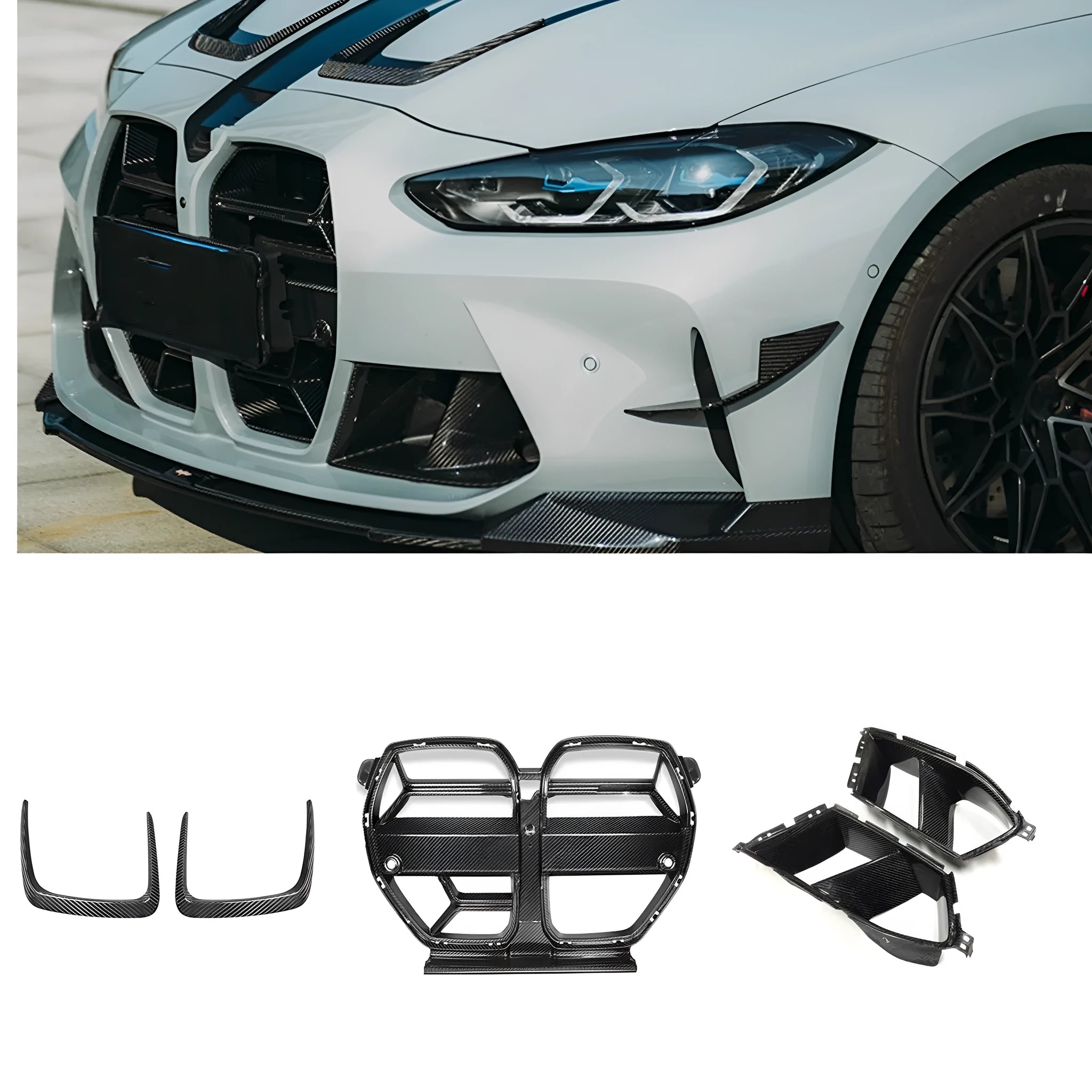 Dry carbon fibre front bumper grille for BMW M3 M4 G80 G82 in black 3K weave with UV coating