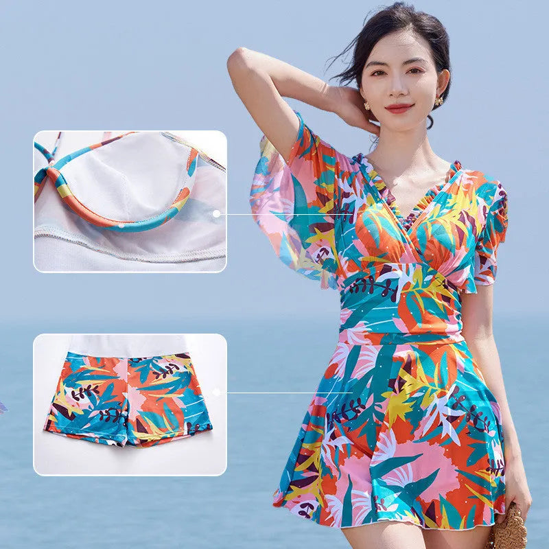Women's colourful printed one-piece polyester swimsuit with full belly coverage, Asian sizing M-3XL