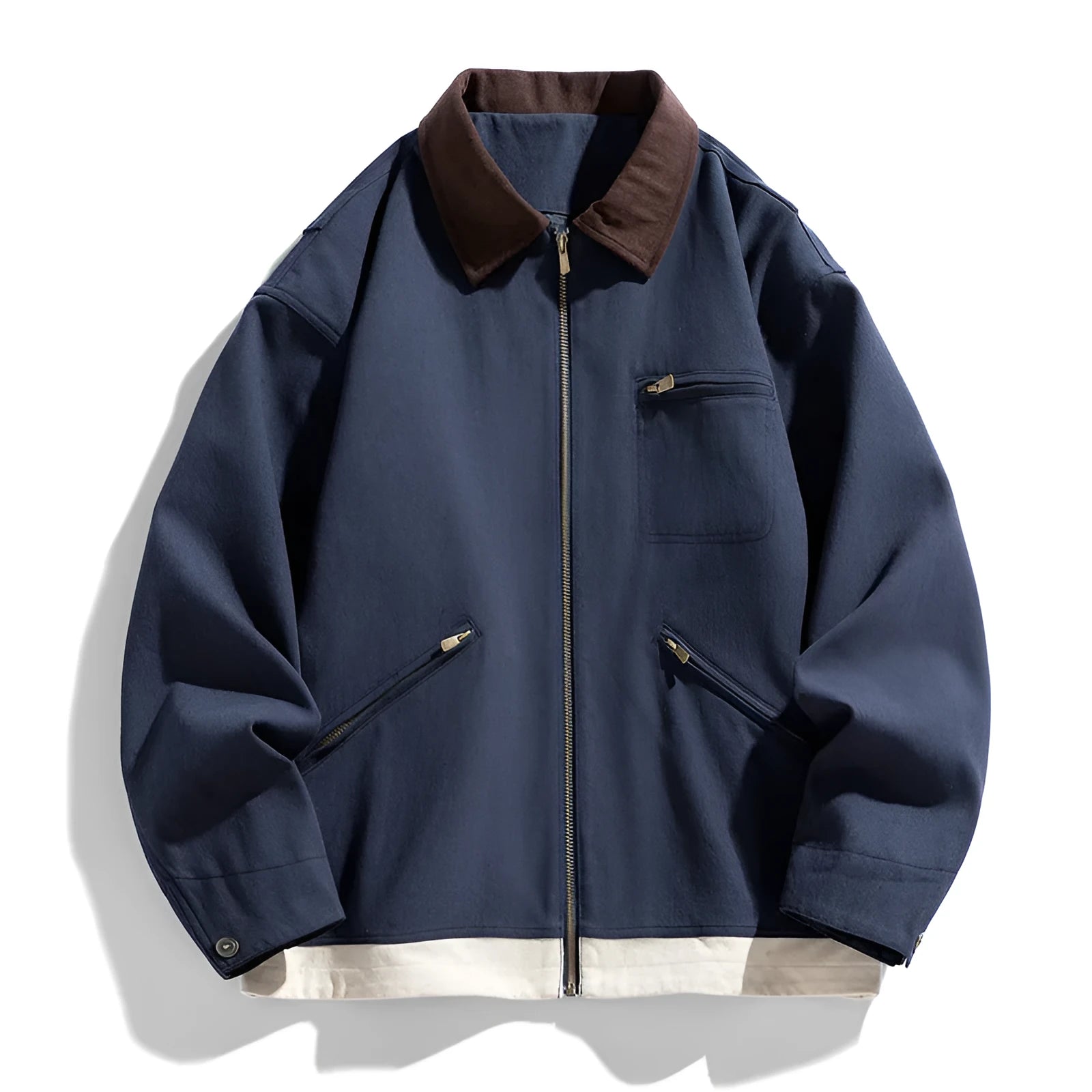 Men's Korean-style loose-fit workwear jacket with contrast colour lapels in polyester fabric
