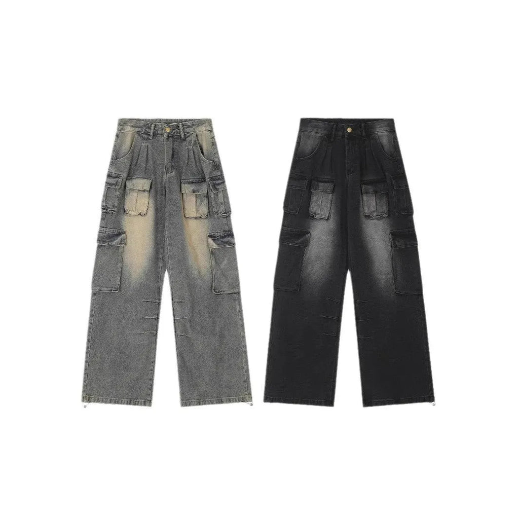 Loose-fit straight-leg jeans with multiple pockets in distressed light blue denim