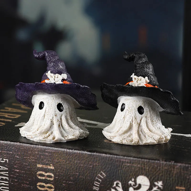 Resin wizard hat ghost Halloween ornament in black or purple for seasonal decoration
