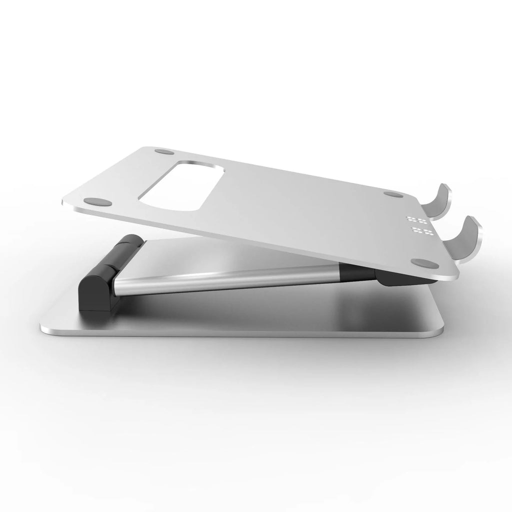 Silver aluminium alloy folding double-arm stepless stand holding a 17-inch notebook on a desk