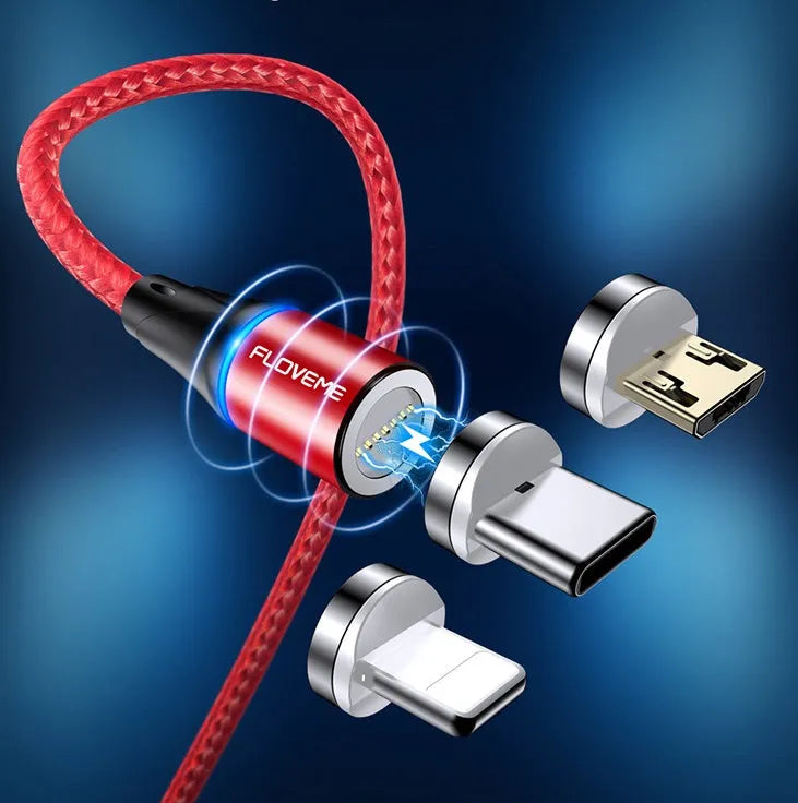 Black magnetic fast-charge data cable with side LED light and Type-C, Lightning, and Micro-USB connectors.