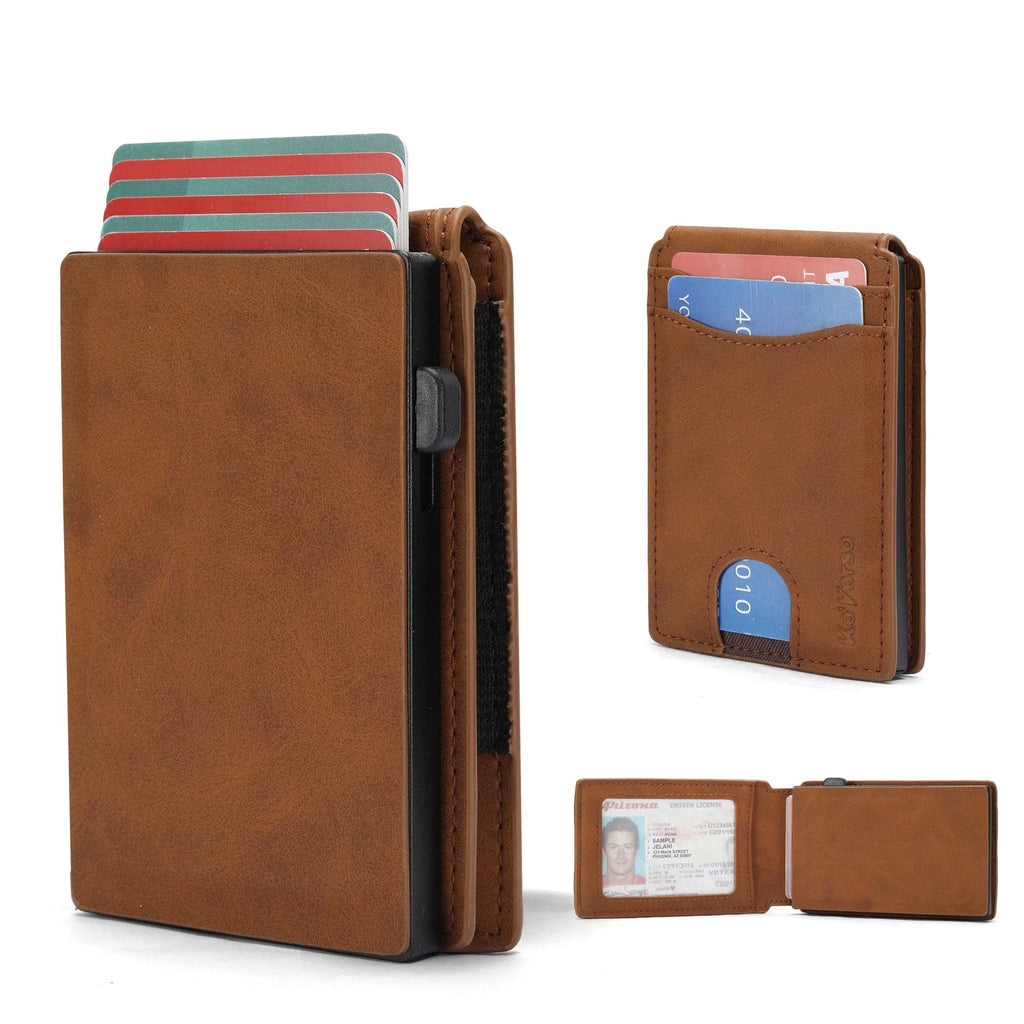 Microfiber card holder men's slim wallet in black, with card slots visible, on a neutral background