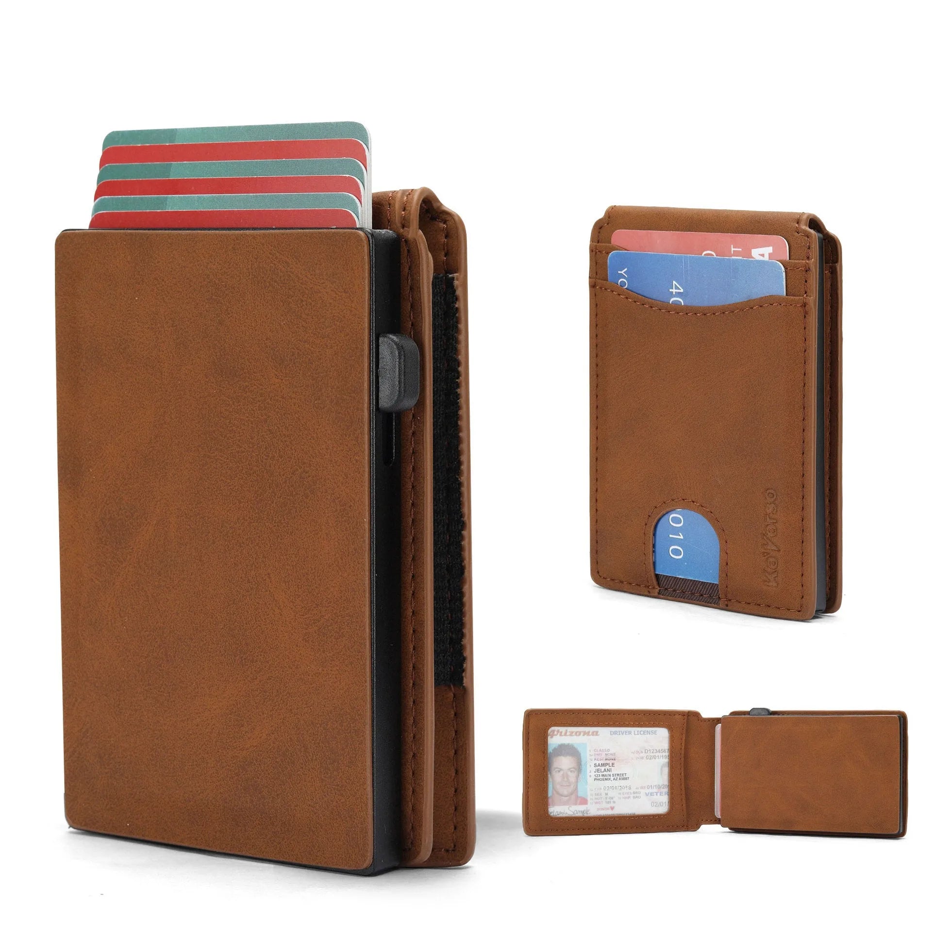 Microfiber card holder men's slim wallet in black, with card slots visible, on a neutral background