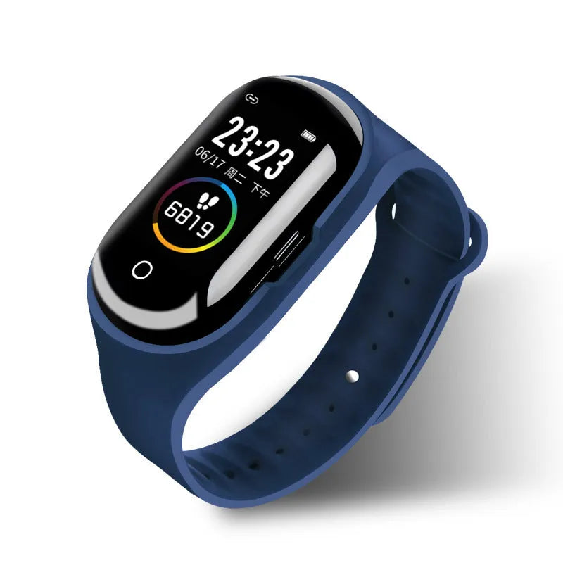 Smart bracelet and earphone combo device with silicone wristband in blue colour showing 1-inch touch screen
