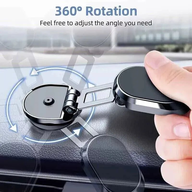 Stainless steel magnetic car phone holder showing folded and extended positions
