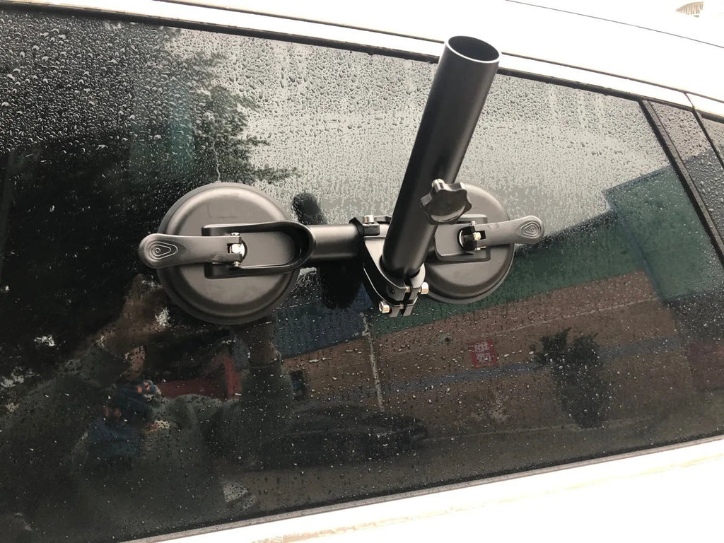 Black off-road car flagpole sucker base with round rubber suction cup and ABS plastic body.
