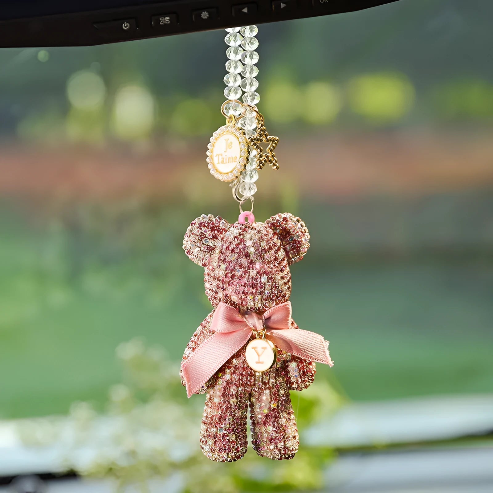 Violent Bear character car rearview mirror pendant with artificial crystal rhinestones in black, white, or mixed pastel colours
