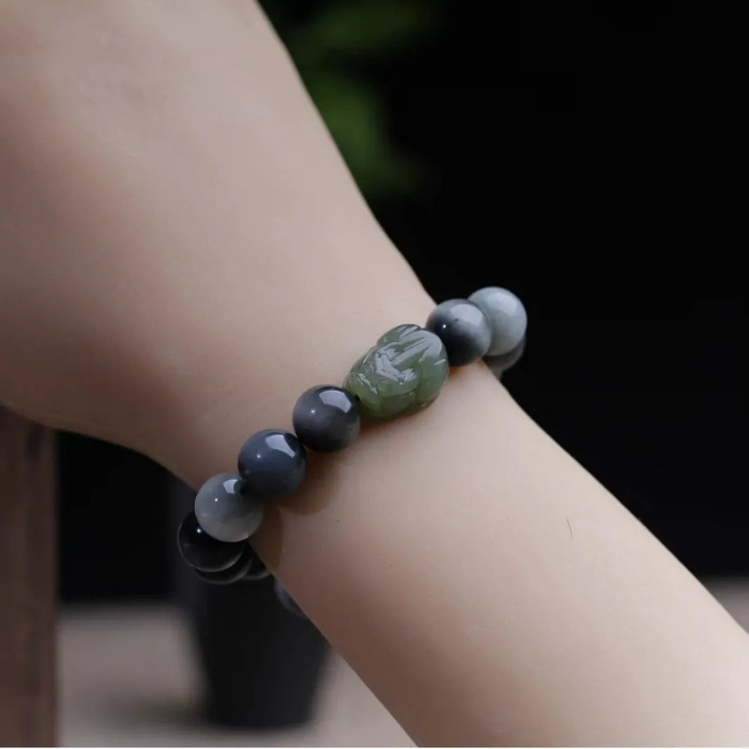 Natural Hetian jade and eagle eye stone Pixiu bracelet, 10mm, black colour, unisex, handcrafted
