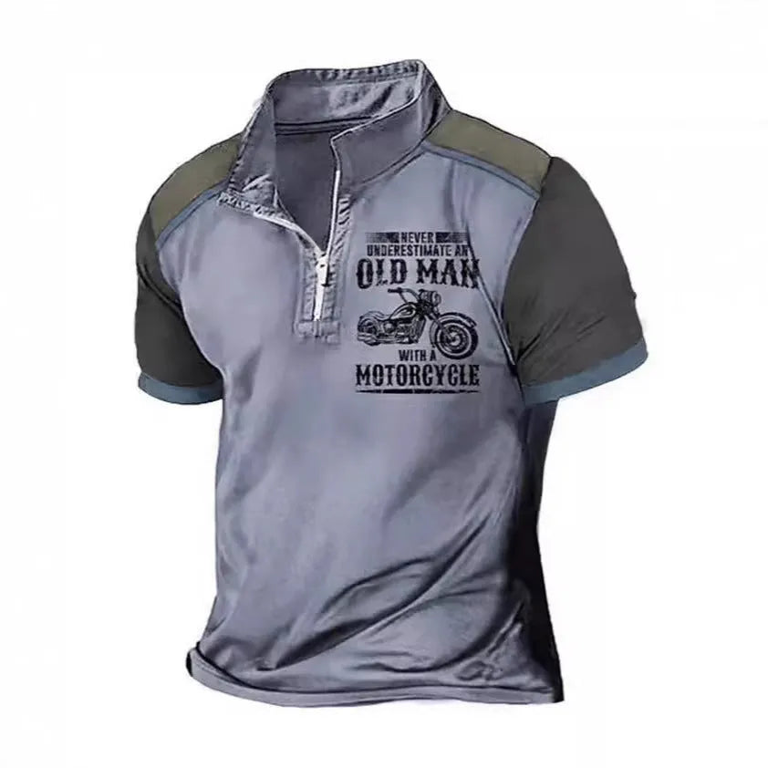 Men's casual polo shirt with lapel zipper decoration and digital print letter pattern