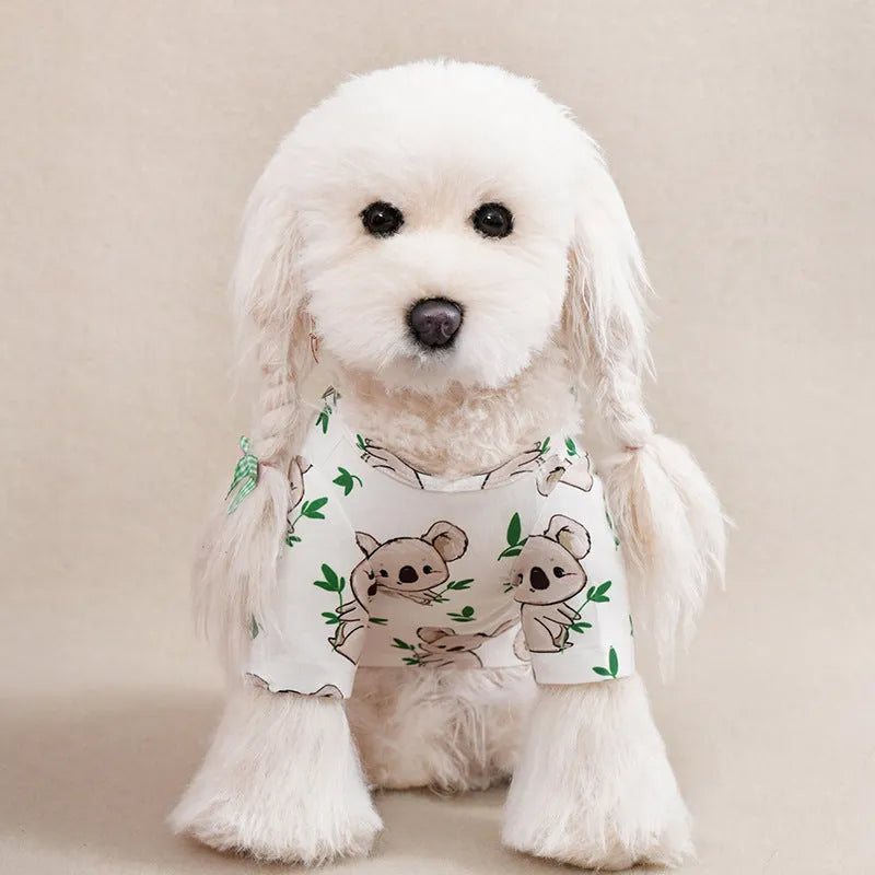 Colourful printed polyester t-shirt for a small dog, showing size options S, M, L, XL, XXL.