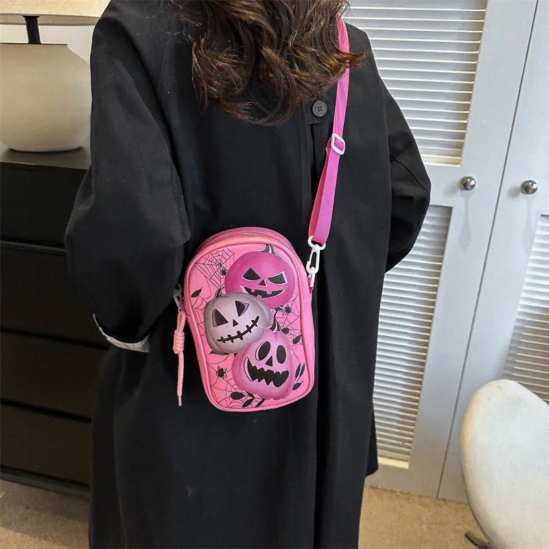 Halloween graffiti print crossbody phone bag with pumpkin ghost bat design in PU material