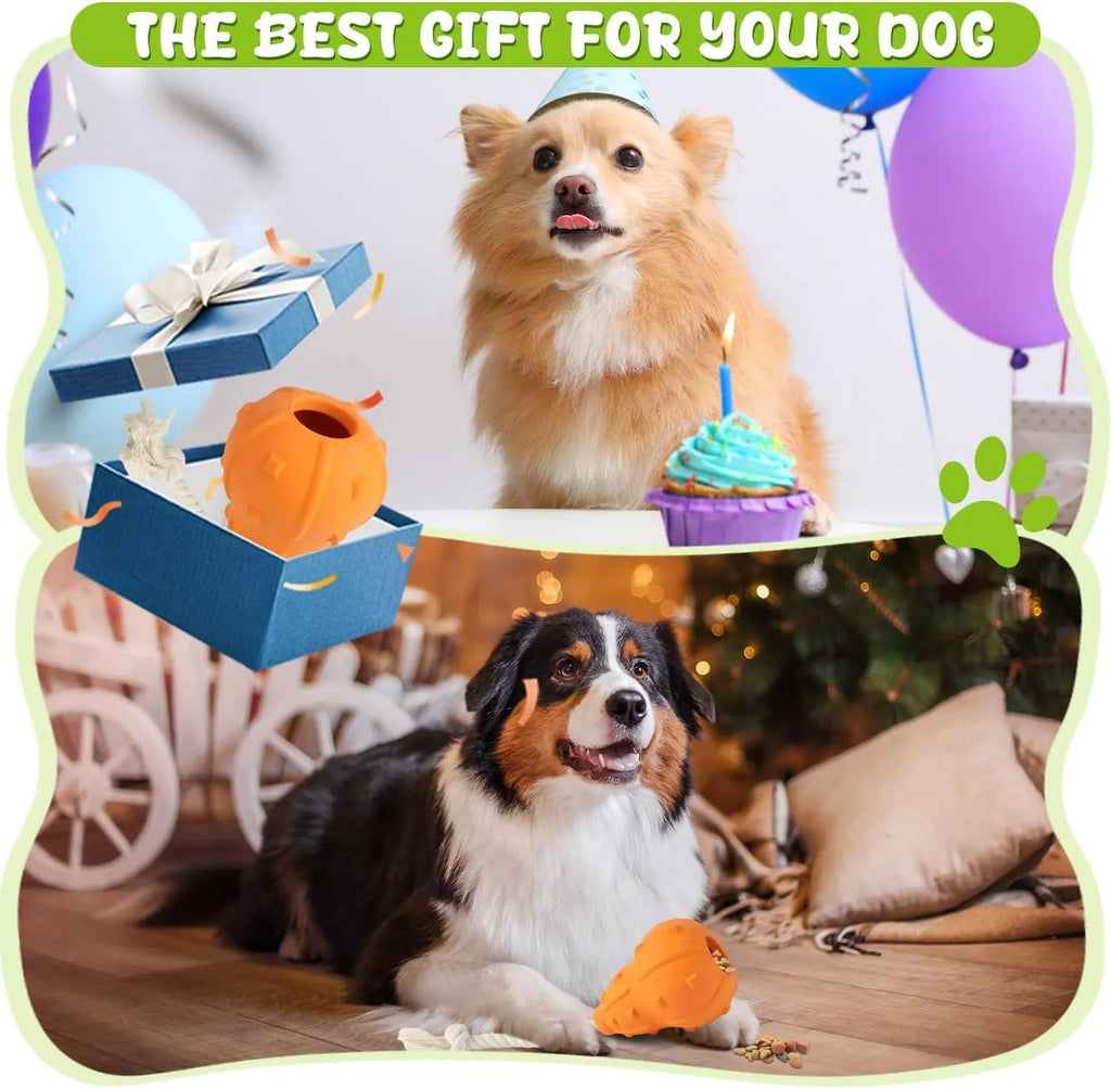 Natural rubber dog toy with treat-dispensing hollow centre and longer strap for fetch and tug