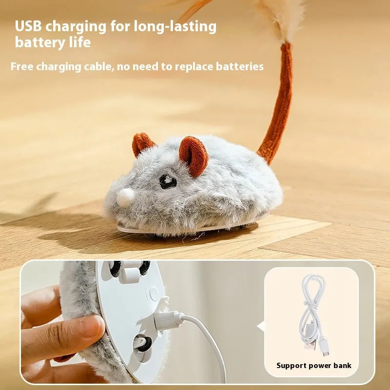 Electric cat pole toy with plush mouse in pink, dark grey, or purple colour options