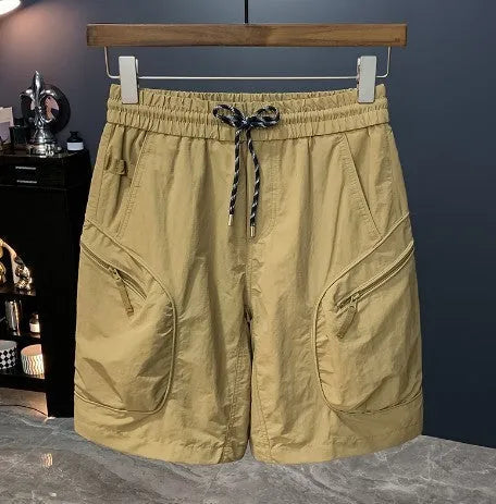 Men's camouflage pattern cargo shorts with pockets, shown in a loose fit.