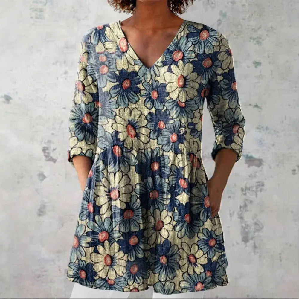 Women's retro printed long sleeve top in slim fit, shown in a colour option with digital print design.