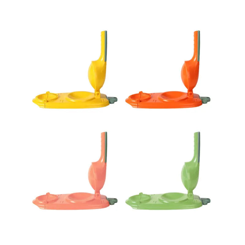 2-in-1 plastic dumpling dough press maker in orange and white, with ergonomic handle and hanging hole for storage