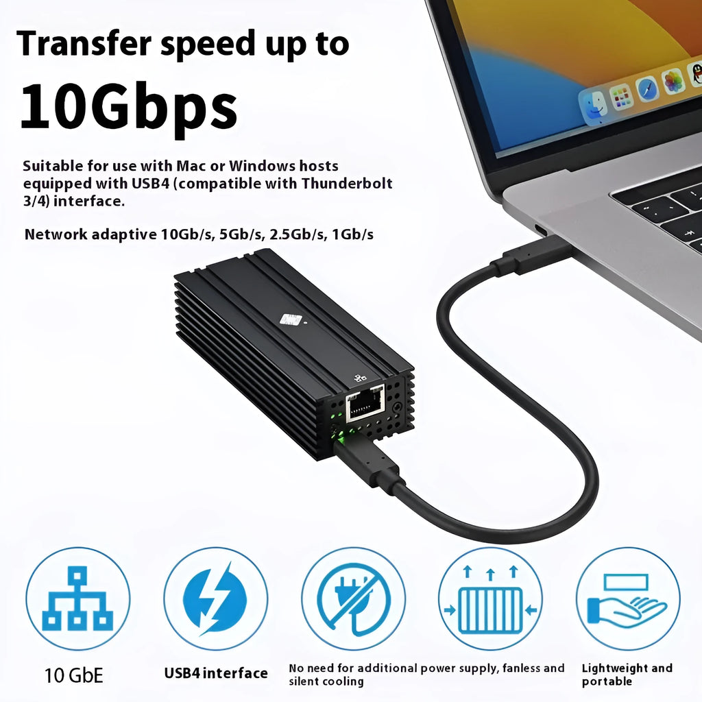 Black Leyu USB4 to RJ45 10 Gigabit Ethernet network adapter with 20cm cable