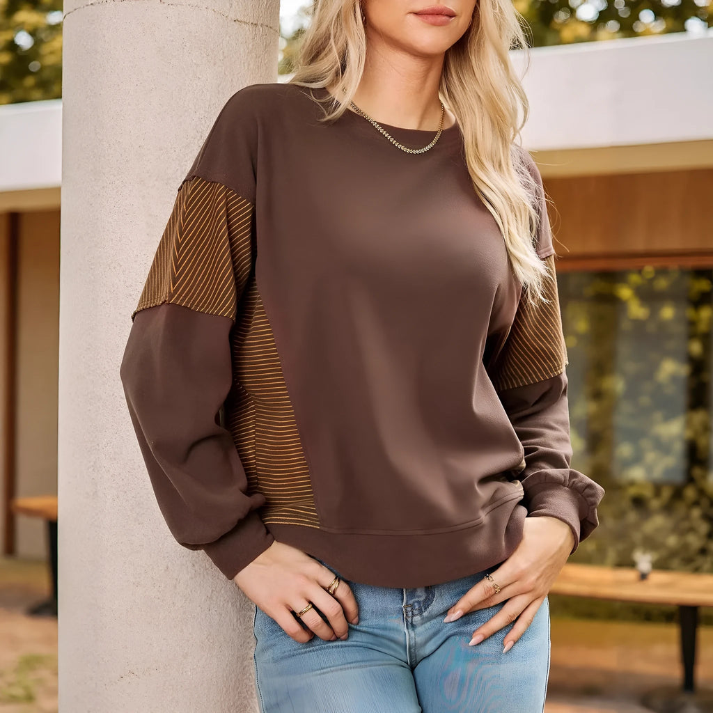 Striped colour-blocked round neck long-sleeved pullover sweatshirt in polyester, available in multiple colours and sizes S-XXL