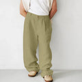 Men's loose linen high waist jogger pants in khaki, straight leg, with zipper fly