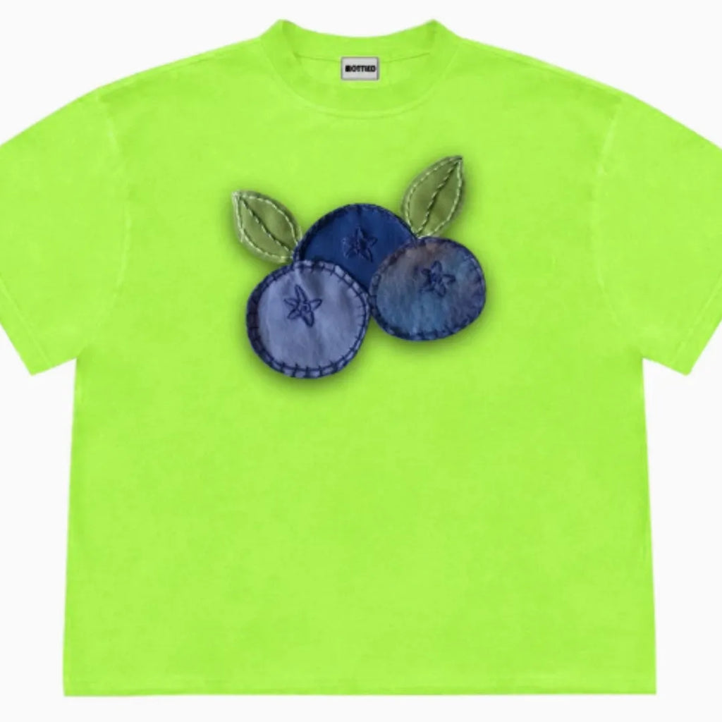 Blueberry patchwork fruit design on loose fit short sleeved T-shirt