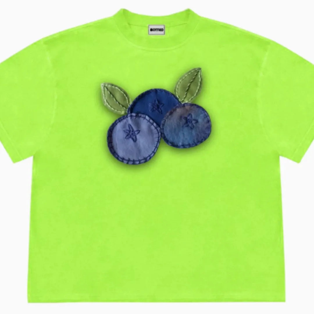 Blueberry patchwork fruit design on loose fit short sleeved T-shirt