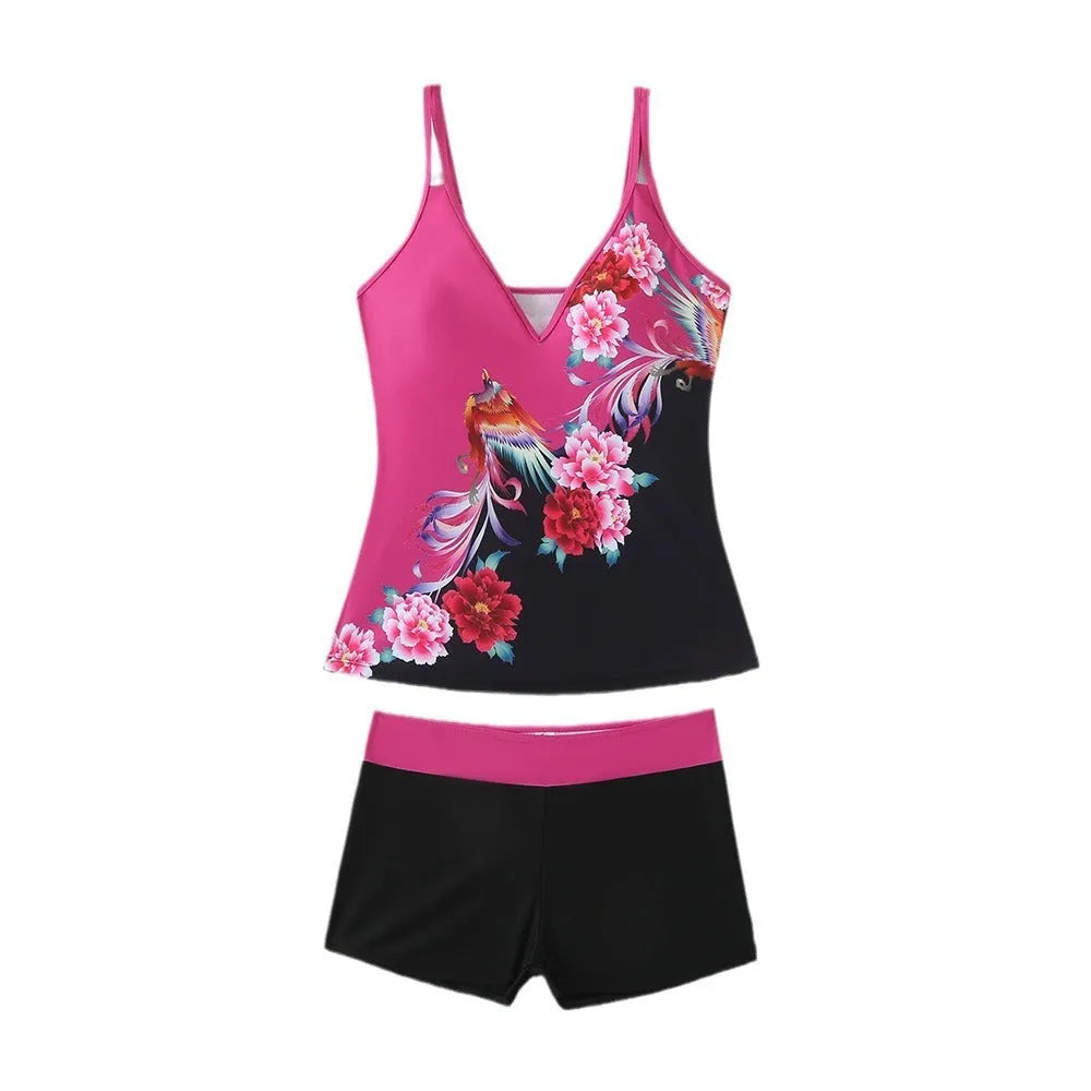 Plus size women's printed two-piece swimsuit in black or rose red with briefs style bottom.
