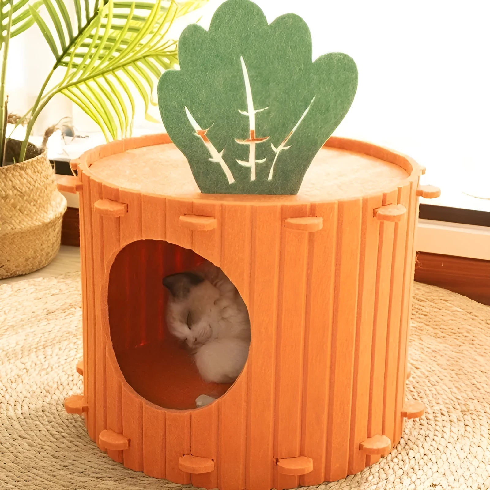 Grey thick felt semi-enclosed cat tunnel nest bed showing its drilled entrance and soft interior.