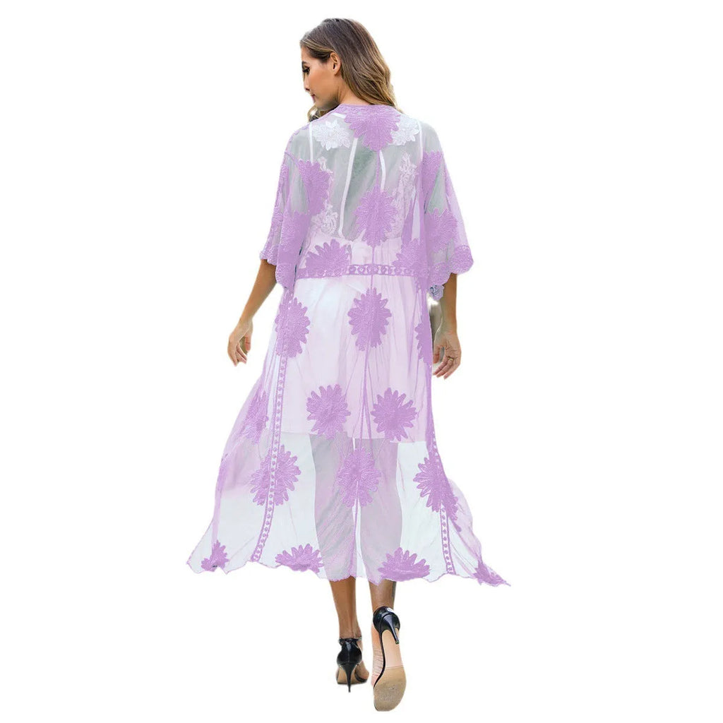 Light purple women's lace embroidery beach cover-up dress for swimming.