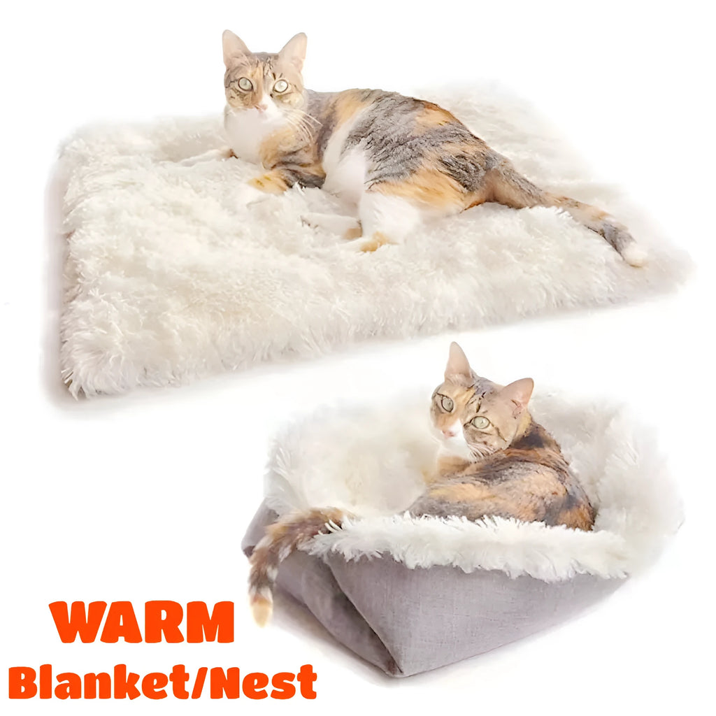 Two purpose gray pet blanket nest with long plush top and black non-slip bottom on a sofa
