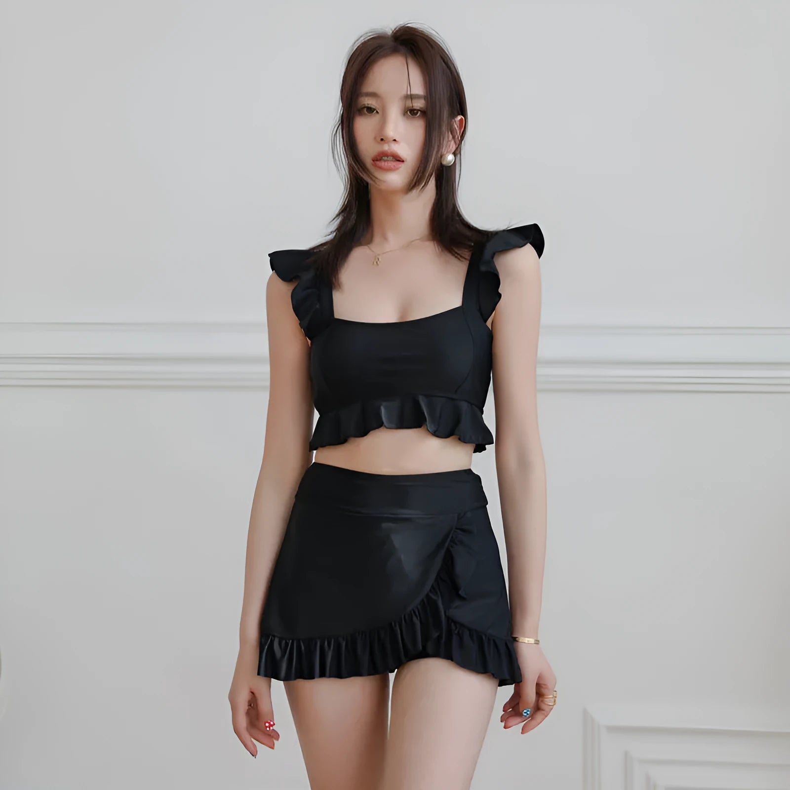 Black nylon split swimsuit for women, briefs style, sizes M L XL