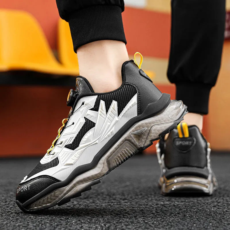 Men's black rotating button casual sneakers with mesh upper and round toe design