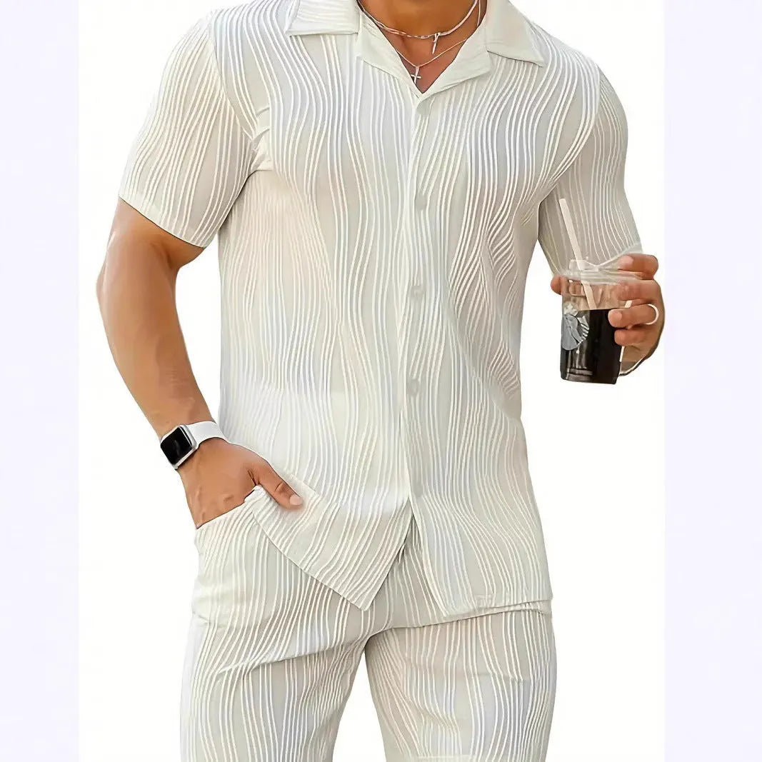 Men's wave pattern casual short sleeve shorts suit in black, cotton blend fabric, shown with matching top and shorts