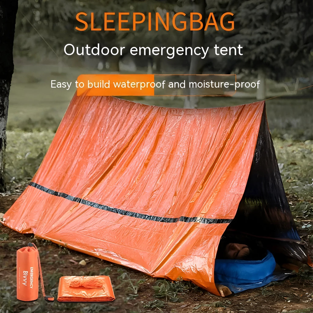Portable orange disaster relief tent with sleeping bag and raincoat emergency shelter system