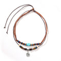 Men's classic wooden bead necklace with turquoise wax rope and alloy geometric flower pendant