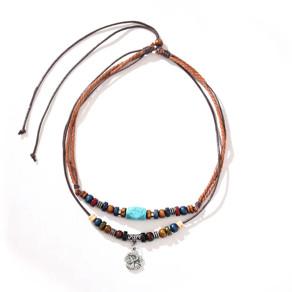 Men's classic wooden bead necklace with turquoise wax rope and alloy geometric flower pendant