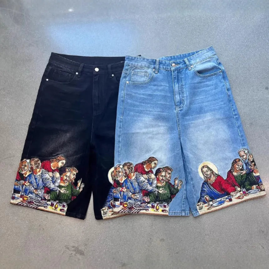 Blue men's cotton shorts with a Jesus design printed on the back pocket.