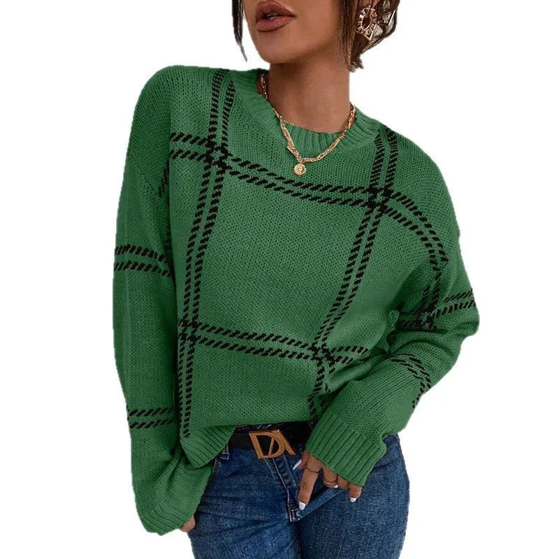 Women's loose fit plaid colour-block acrylic pullover sweater in apricot black beige stripes design