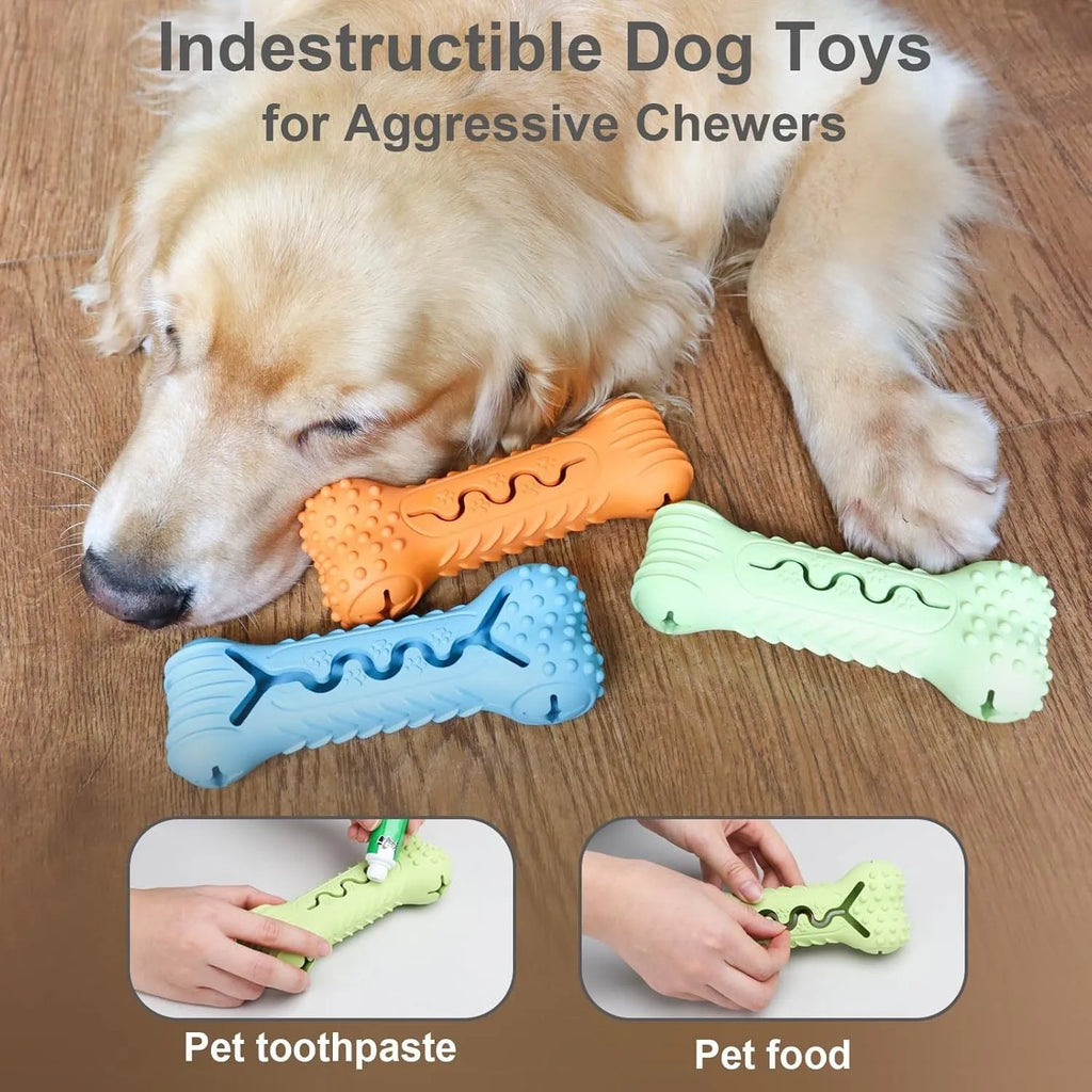 Blue bone-shaped natural rubber dog chew toy for aggressive chewers with textured teeth-cleaning surface.