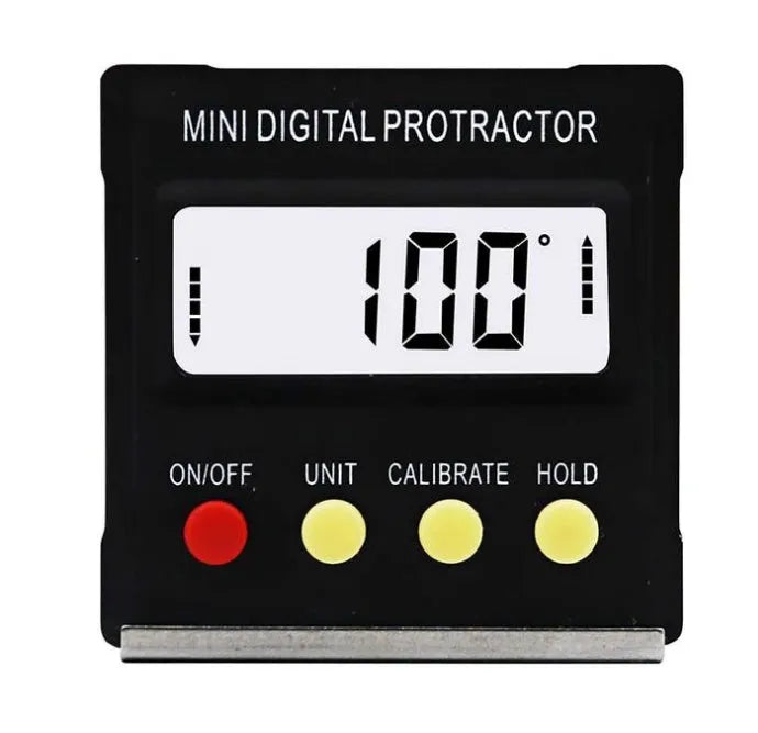 Mini magnetic angle inclinometer with digital display and magnetic base on metal surface