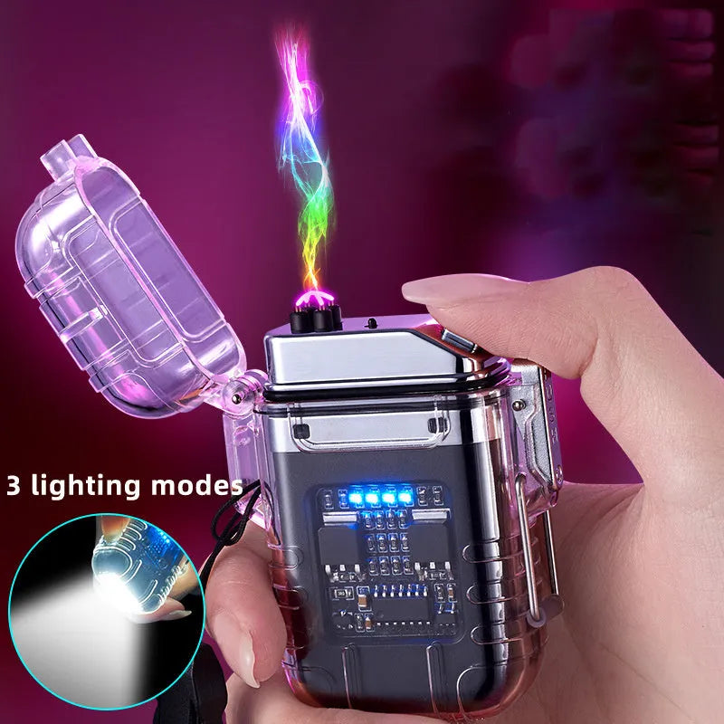 Transparent shell double arc lighter with USB rechargeable battery and triple-mode flashlight in black