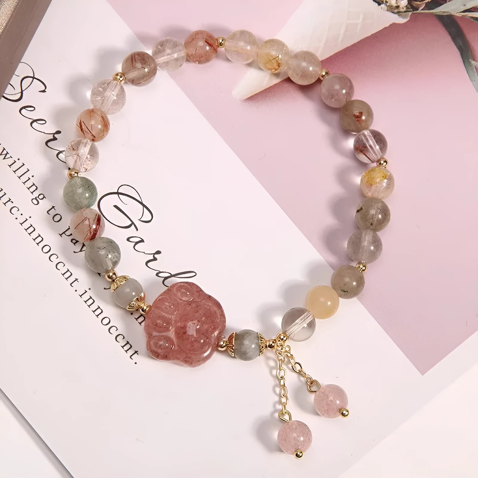 Single circle bracelet with natural coloured hair crystal beads in Korean style flower and insect designs